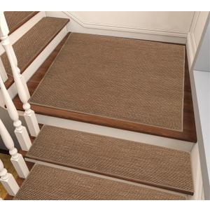 Linen Stair Landing Mat for Wooden Steps Indoor 28 * 28 inch, Upgraded Self Adhesive Backing Non Slip Stair-Treads Matching-Mat, Peel and Stick Square Stair Rugs (Brown)