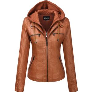 Springrain Women's Faux Leather Jacket Moto Biker Coat with Detachable Hood Motorcycle Jacket (XX-Large, Brown)