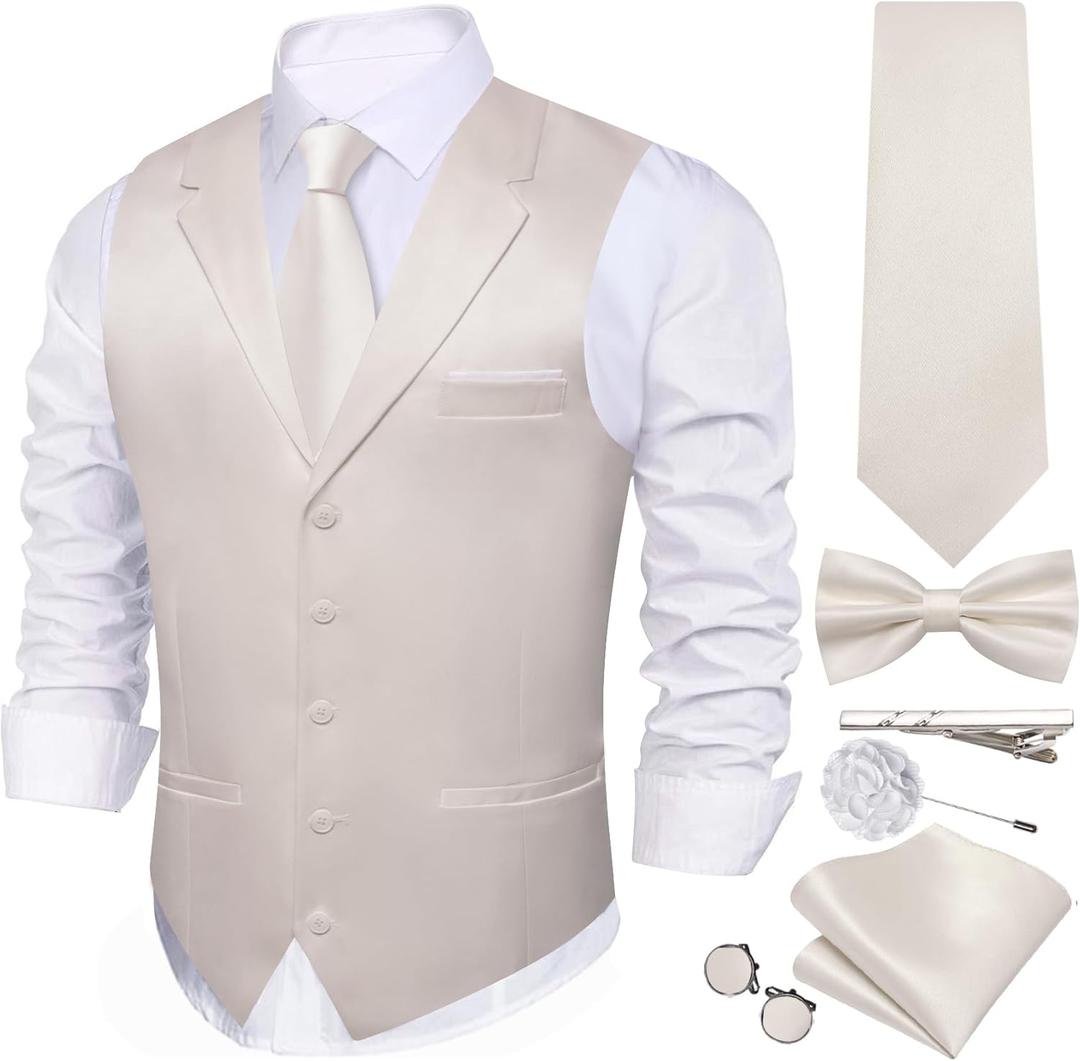 Barry.Wang Vest Tie Set for Men Solid Color Suit Vest Necktie Cufflinks Bow Tie Set Formal Business Wedding Party (X-Large, Champagne)