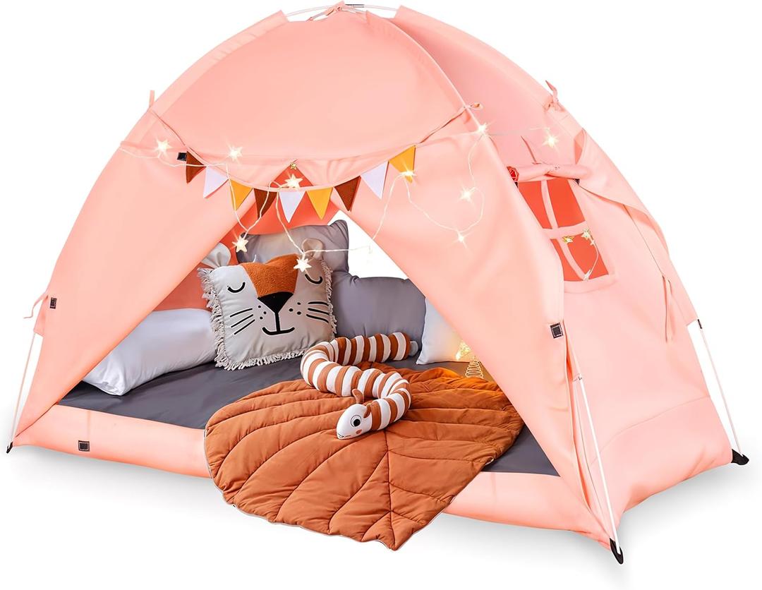 Twin Bed Canopy with Reinforced Rods | Cozy Bed Tent for Kids | Hideaway Canopy for Girls Room & Boys & Fort for Kids Indoor Play Time or Sleepy Time Foldable Toddler Bedroom Privacy Sleeping (Pink)