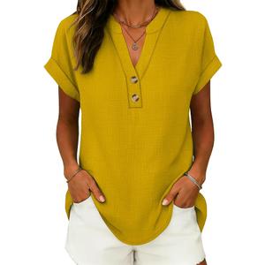 ANRABESS Womens Spring Tops 2026 Short Sleeve Shirts Henley Dressy Casual Blouses V Neck Fashion Tunics Trendy Flowy Clothing Yellow M