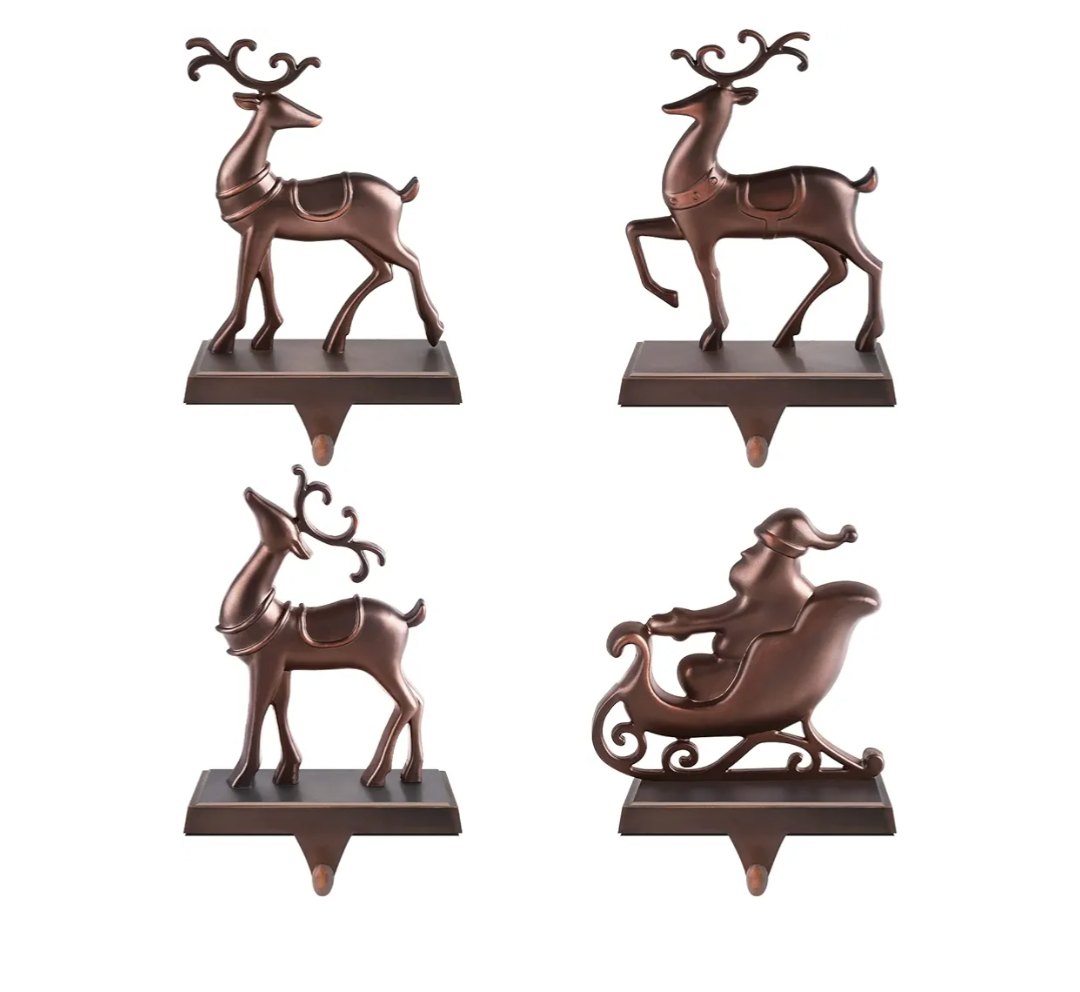 MCEAST Set of 4 Christmas Stocking Holders Santa and Reindeer Mantle Stocking Hangers Metal Christmas Hanging Hooks Safety Hanger Grips for Fireplace Decoration, Black