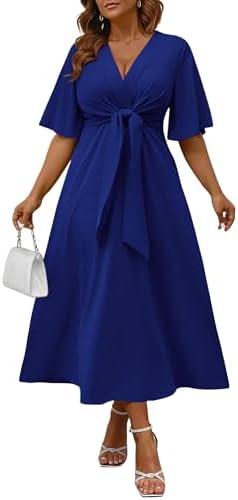 Ekaliy Women's Elegant Wedding Guest Dress Adjustable Tie Front V Neck Ruffle Sleeve A Line Formal Maxi Church Dresses, Small