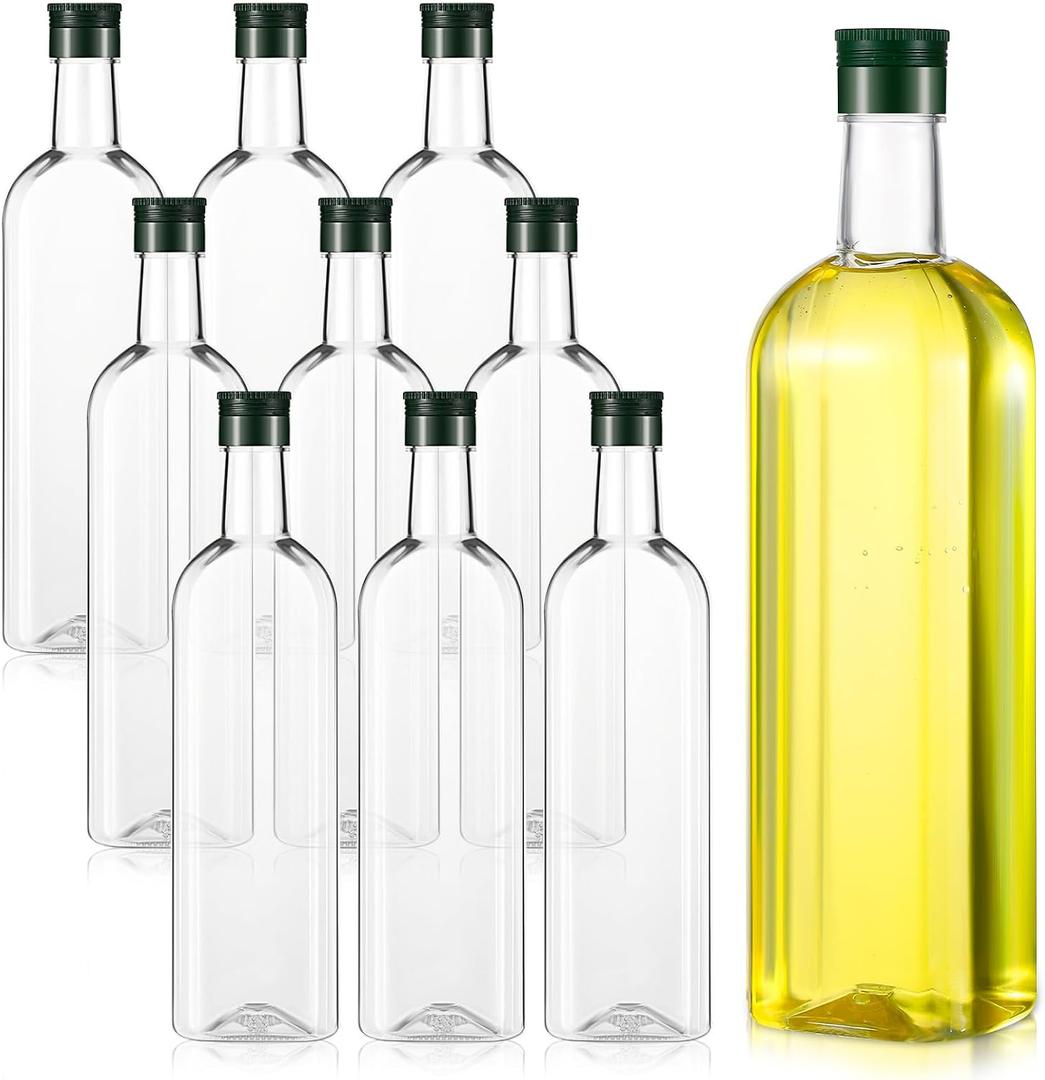 Dandat 10 Pack 34 oz 1000 ml Clear Bottles 1 Quart Plastic Olive Oil Bottles with Screw Caps, Empty Long Neck Square Wine Bottles for Kitchen Self Watering Devices for Plants