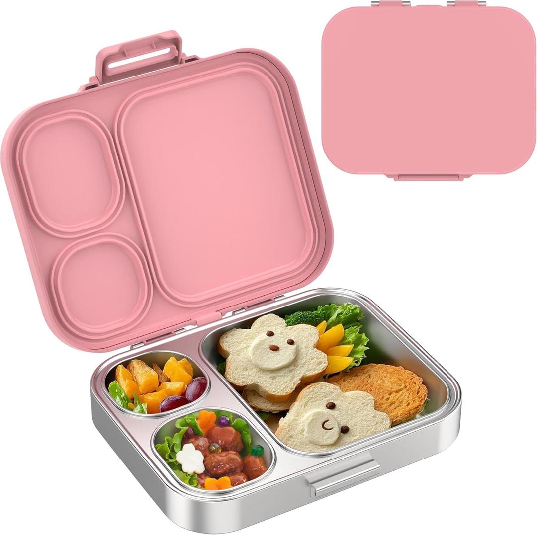 Stainless Steel Lunch Box, Leak-Proof with free sealing Bento Box 3 Compartments, Metal Lunchbox for Travel & Work, Eco-Friendly Meal Storage Solution Pink