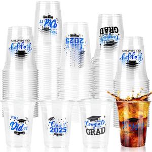 Graduation Cups, 16 oz Disposable Plastic Cup Class of 2025 Party Cups for Congrats Grad Graduation Party Supplies Tableware Decorations, 60 Pack (Blue)
