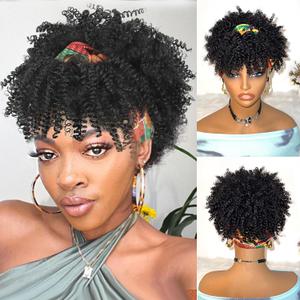 Black Afro Headband Wig Kinky Curly Headband Wig with Bangs Head-Wrap Wigs 2 in 1 Afro Puff Wig With Bangs for Women Synthetic Half Wigs (Yellow Huabu-Black)
