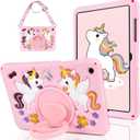 WESADN Case for Samsung Galaxy Tab A11+ Plus 2025,Galaxy Tab A9+ Plus Case 11 Inch 2023 Kids Girls with Strap Rotating Stand Handle Cartoon Unicorn Samsung Tab A11+/A9+ Tablet Case Soft Silicone,Pink