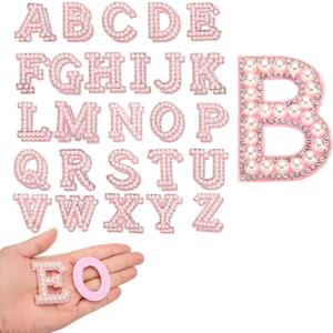 uxcell 52pcs Rhinestone Iron on Letter Patches, A-Z Self Adhesive Glittery Rhinestone Alphabet Letter Sticker Appliques for DIY Jackets Hats Clothes Backpack, Pink