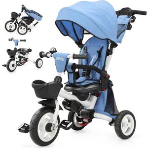 JMMD 8 in 1 Tricycle Stroller with Push Handle, Foldable Trike with 360 Swivel Seat, Reclining Backrest, All-Terrain Wheels, Dual Brakes, Canopy & Storage, Gift for Kids 18 Months to 5 Years, Blue, Medium