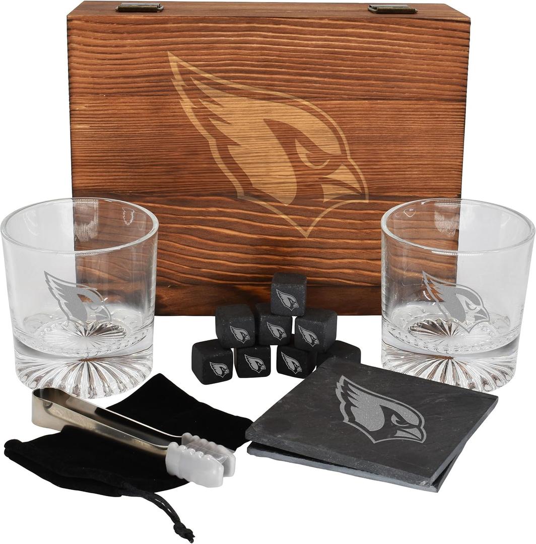 The Memory Company Licensed NFL Wood Boxed Drinkware Gift Set - Includes 2 Premium Rock Glasses, Cooling Cubes, Tongs, and Coasters, Arizona Cardinals