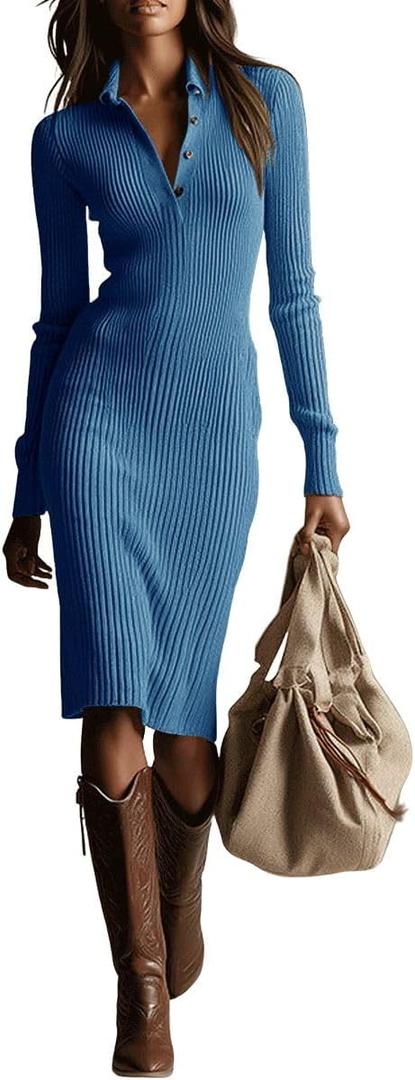 chouyatou Women's Fall Ribbed Knit Sweater Dress Button Up Polo Collar Long Sleeve Bodycon Midi Long Dresses (Blue, S)