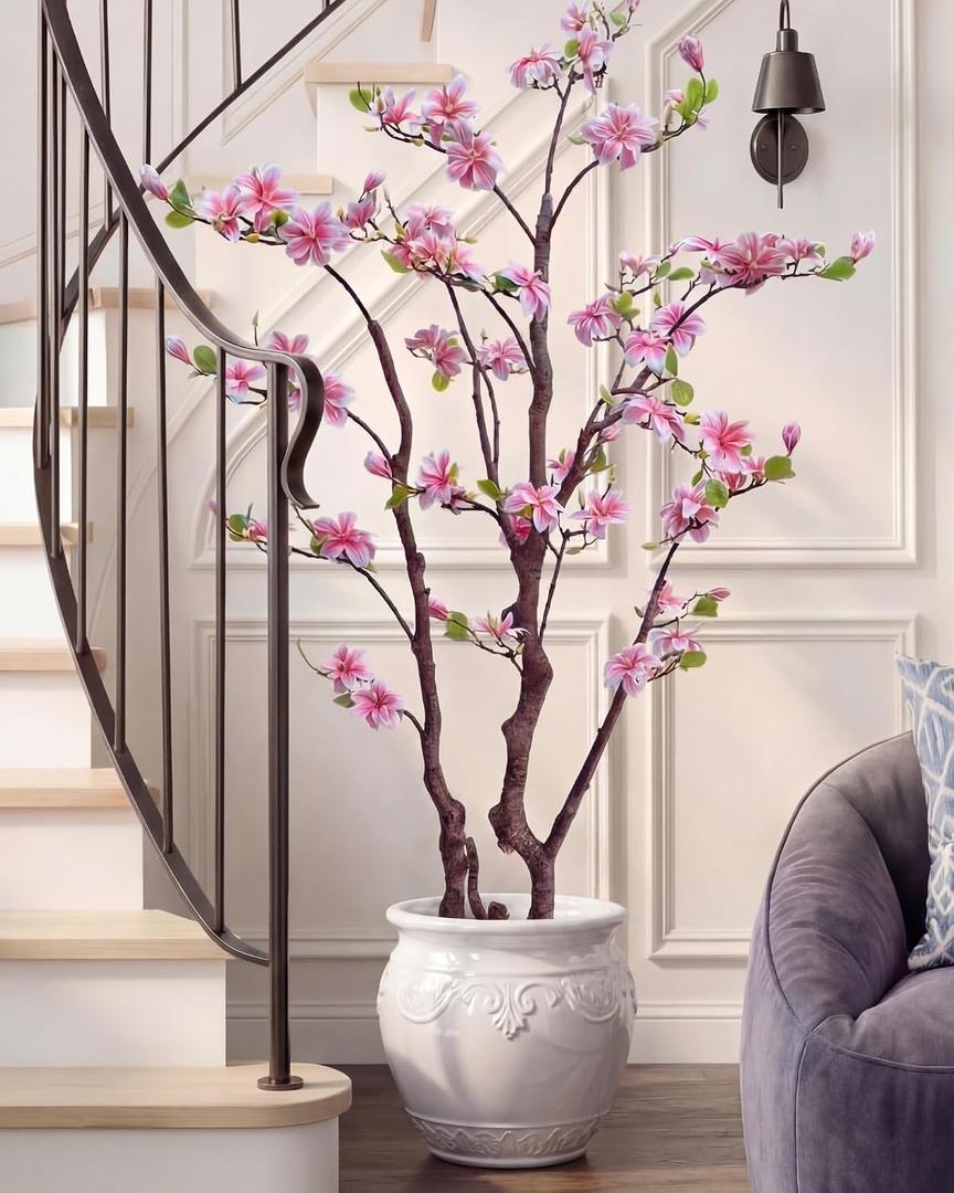 Jexine 1 Pcs 6ft Artificial Magnolia Tree Faux Magnolia Flower Tree with Pot Tall Faux Realistic Flower Plants Lifelike Plant for Indoor Outdoor Home Office Living Room Yard Patio Garden Decor (Pink)