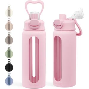 SANDJEST Glass Water Bottle with Silicone Sleeve 24oz with Lid, Motivational Time Marker, Drinking Hydration Glass Bottles for Men Women, Gym Travel Sports (Pink)