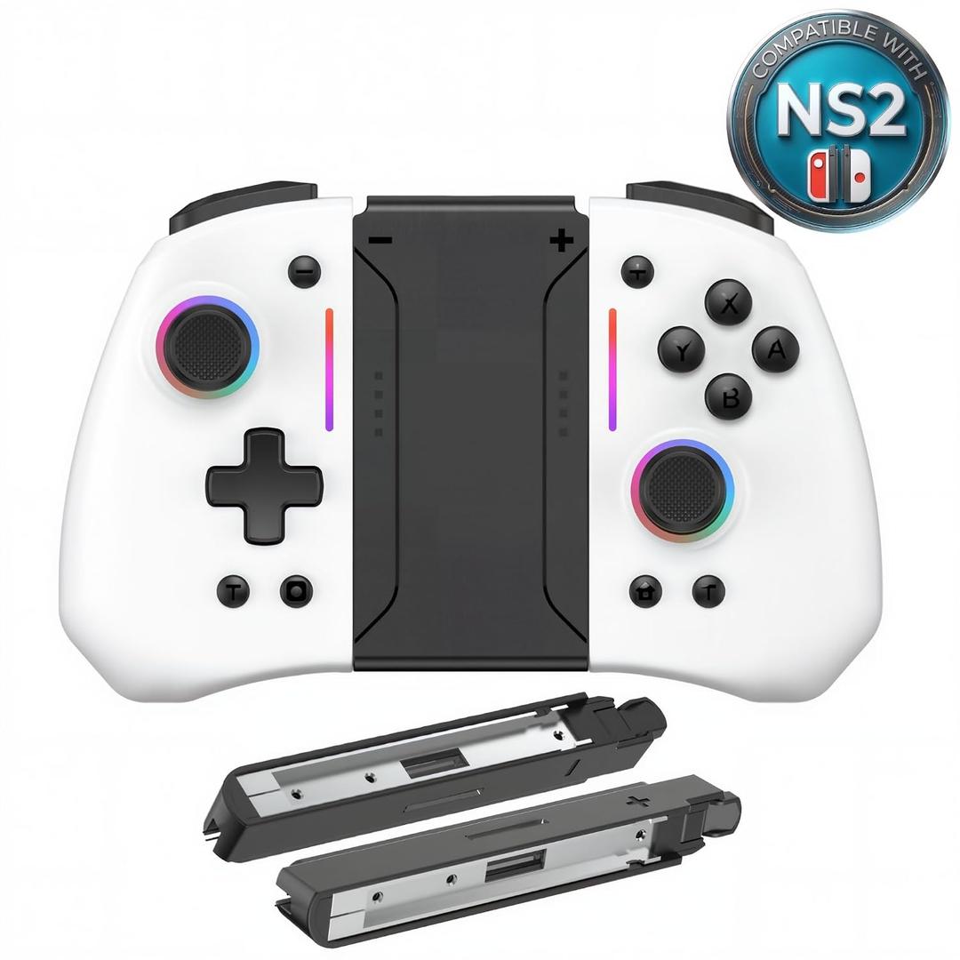 MNDZNEF Wireless Split Controller for Switch, Includes Charging Adapters for Switch 2 Compatibility with Hall Effect Anti Drift Joysticks, RGB Lighting, Programmable Back Buttons, Gyro Motion, Turbo Mode, Dual Vibration