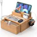 Pezin & Hulin Bamboo Charging Station for Multi Device, with Power Charger & Cables, Nightstand Docking Stand with Felt Pad Tray & Drawer, Compatible with Tablet, Cell Phone, Smart WatchTeal
