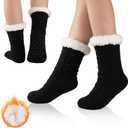 2 x Womens Warm Slipper Socks Winter Knit Fuzzy Cozy Thick Fleece Lined Socks with Grippers Thermal Home Socks (Black)