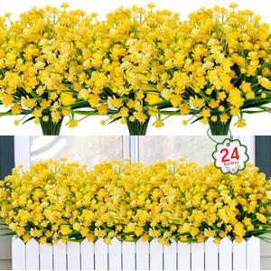Ouddy Decor 24 Bundles Artificial Flowers for Outdoors UV Resistant Fake Plastic Plants Faux Greenery Stems for Spring Summer Indoor Garden Patio Window Box Kitchen Home Decor, Yellow