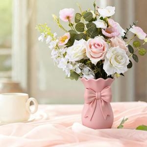 Pink Bow Vase for Home Decor 5.78 Inch Cute Coquette Gifts for Women Girls Shabby Chic Decorative PLA Hand Made Vases for Bouquet Flower Modern Aesthetic Living Room Wedding Decor