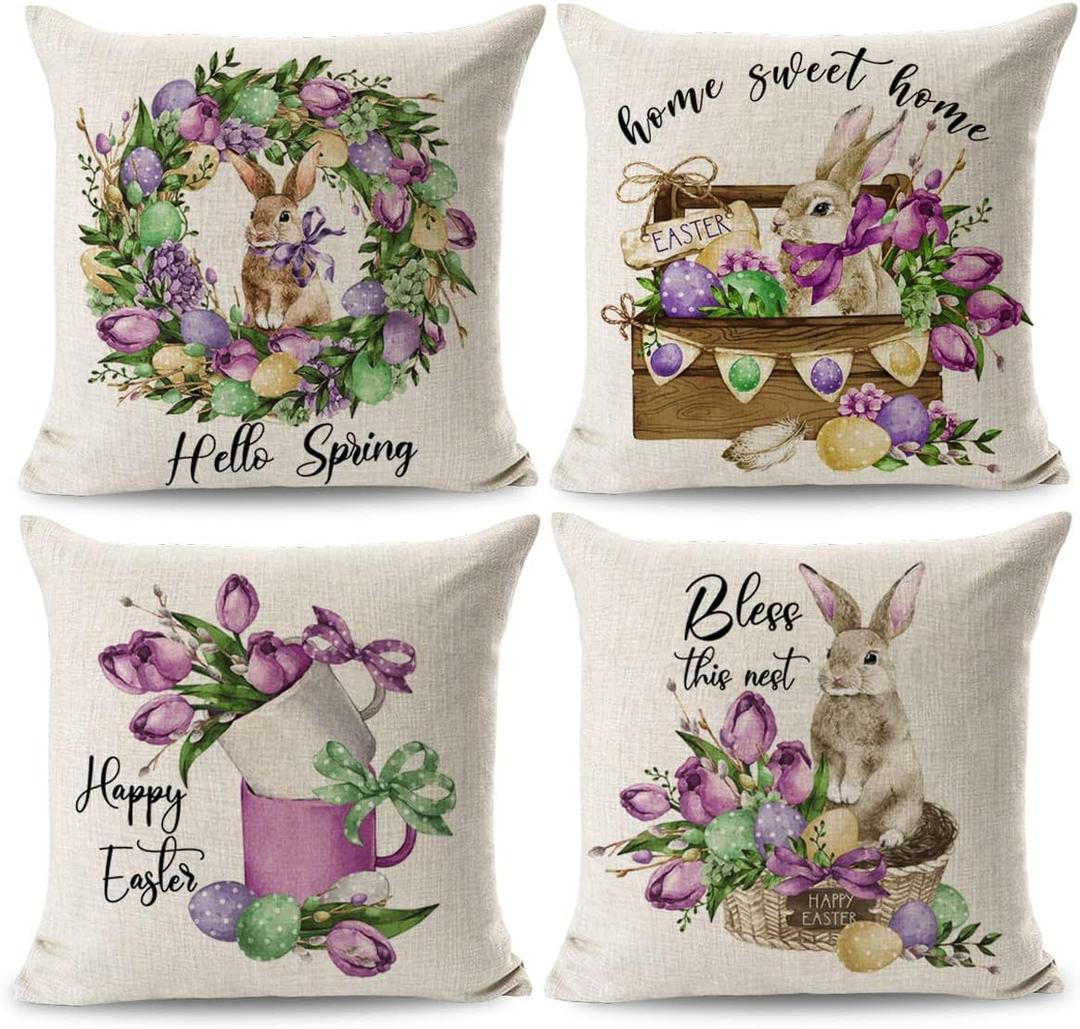 JOJOGOGO Easter Bunny Throw Pillow Covers 18x18 Set of 4 Hello Spring Outdoor Pillow Covers for Farmhouse Easter Rabbit Eggs Home Decor