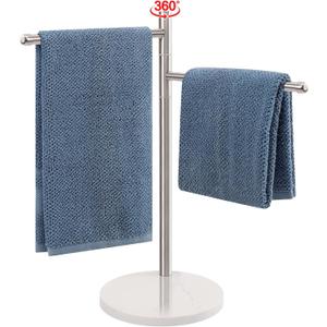 Hand Towel Holder, F-Shape Hand Towel Stand with Marble Base, Stainless Steel Swivel Hand Towel Rack Standing Towel Bar for Bathroom Kitchen Countertop, 2 Arms (Brushed Nickel)