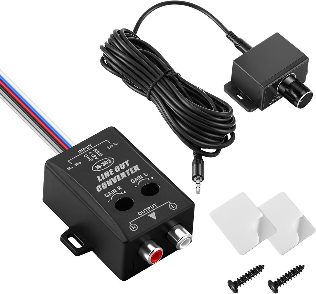 Car Audio Line Output Converter, Includes 3.5mm Jack Port Universal Bass Knob & 2 Channel High to Low Audio Signal Adapter for Adding Amplifier or Subwoofer to Factory Stereo