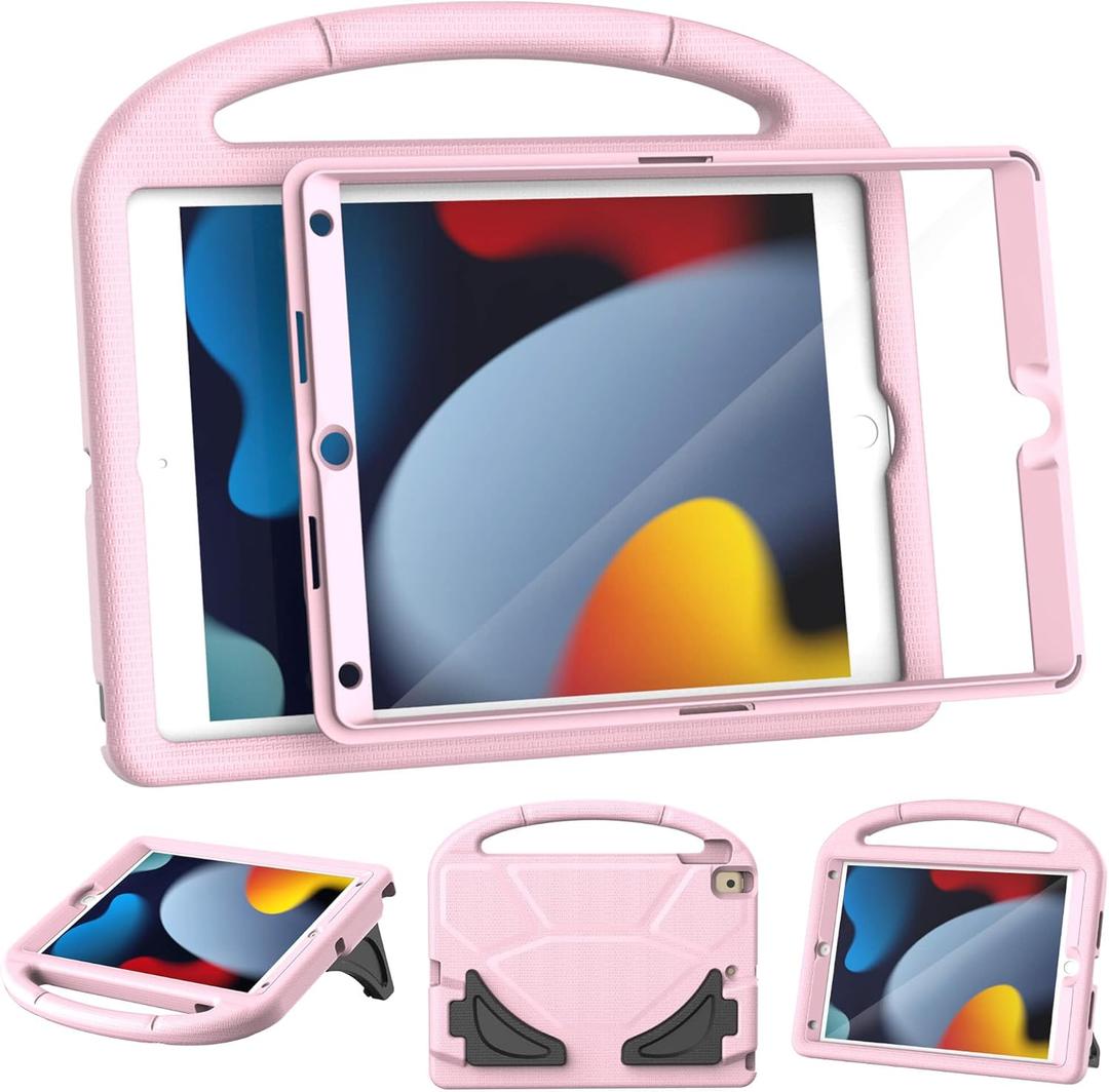 Kids Case for iPad 9th/8th/7th Generation, iPad 10.2 Kids Case with Built-in Screen Protector, Durable Shockproof Handle Stand Protective Cover for iPad 10.2 Inch 2021/2020/2019, Light Pink