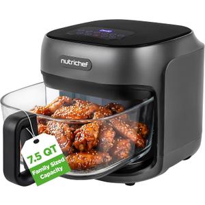 NutriChef Family Size 7.5 Quart Air Fryer | 6 Preset Cooking Modes | Glass Fry Bowl for Best Cooking | 360° Air Circulation | Cook Veggies, Steak, Fries, Seafood, Chicken & More | Gray, 7.5 QT