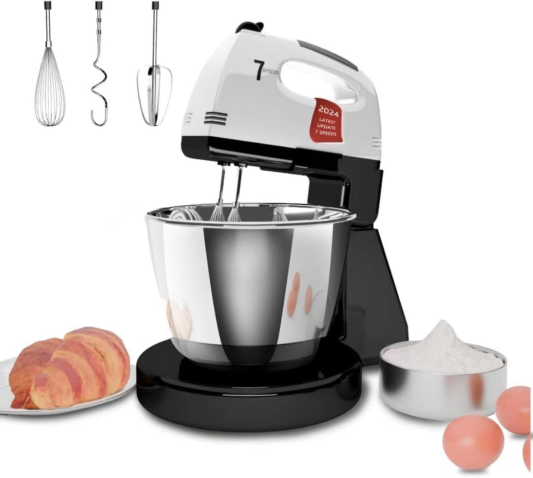 Stand Mixers, 7 Speeds With 3QT Stainless Steel Bowl, Stand and Hand Mixer with Dough Hook, Whisk, Mixing Beater for Baking, Cake, Cookie, Kneading (BU1)
