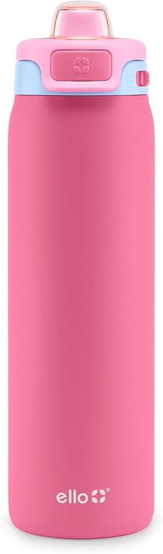 Ello Pop & Fill 22oz Stainless Steel Water Bottle with Quick Fill Technology, Double Walled and Vacuum Insulated Metal, Leak Proof Locking Lid, Sip and Chug, Reusable, BPA Free, Cherry Breeze