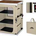 EAGLE PEAK Outdoor Folding Camping Table with Large 3-Tier Storage Organizer and Side Pockets, Easy Set Up Portable Aluminum Camping Kitchen, Beige (18.9 x 23.6 x 31.5 IN)