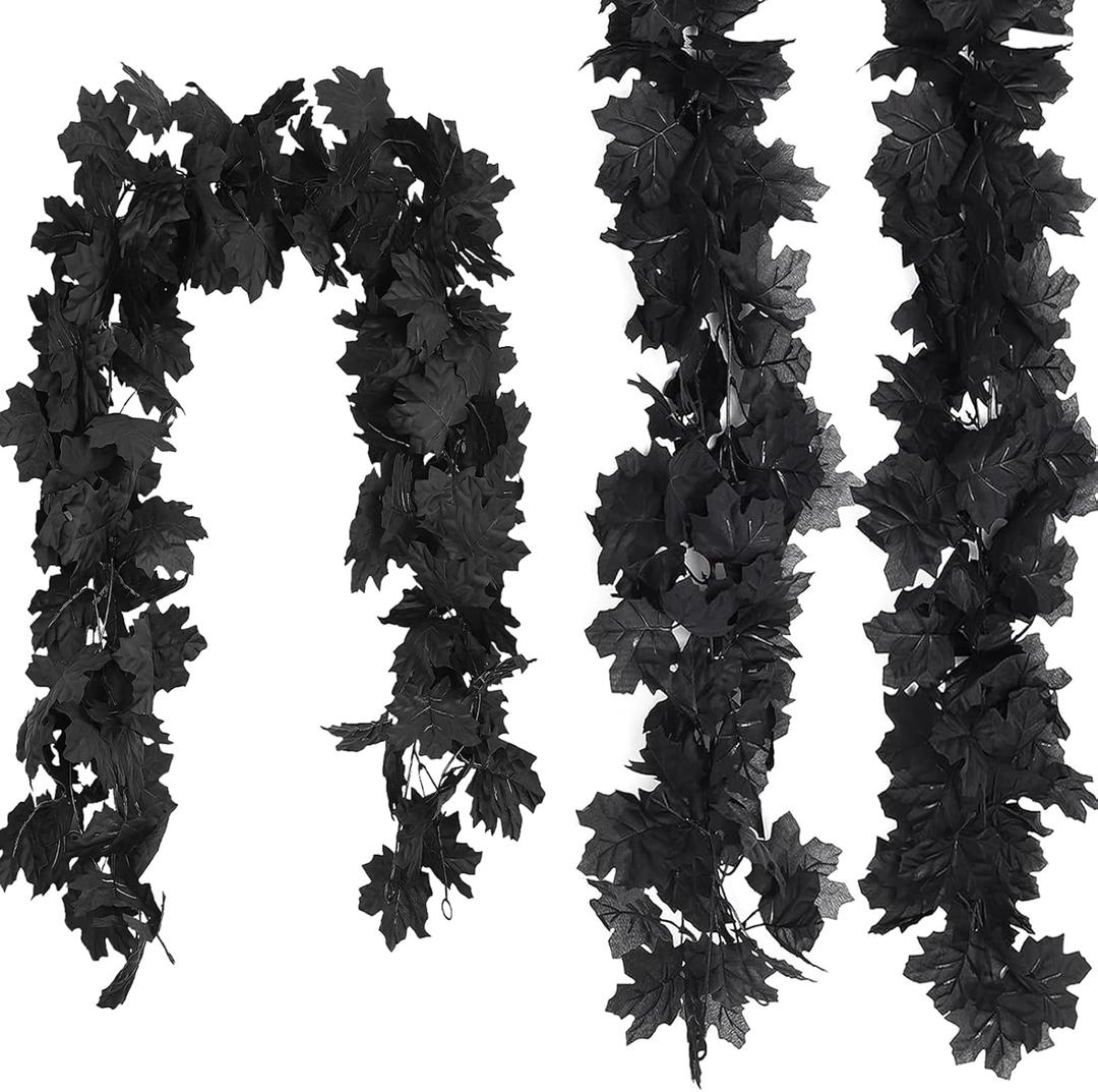 3 PCS Black Garland Halloween Maple Floral Garlands Fall Hanging Artificial Black Maple Leaf Vine for Halloween Thanksgiving Home Party Deco (6.56Ft)