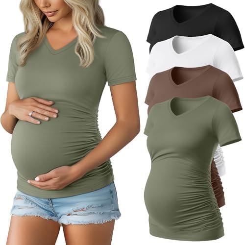 Huukeay 4 Pack Women's Maternity Shirts, V Neck Maternity Top Short Sleeve Casual Cotton Tee Side Ruched Pregnancy Clothes, Size: Large