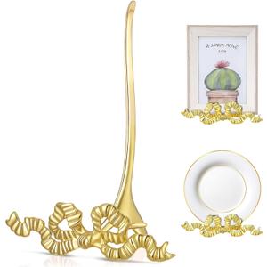 Reallnaive Gold Bowknot Plate Stand for Display Bow Iron Easel Display Picture Frame Holder Stand for Book Plate Photo Art Plaque for Cabinet Kitchen Counter Bar Restaurant Cafe(5 x 6 x 3.5 Inch)