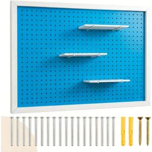 Weysat 36 x 24 Inch Framed Wood Pegboard Wall Organizer, Large Blue Decorative Peg Board Kit with 3 White Shelves and 18 Accessories, Wall Mounted Craft Storage Display for Room, Office, Sewing Room, 38.19 x 25.2 x 2.95 inches