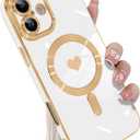 KANGHAR Magnetic for iPhone 16 Case for Women Girls Luxury Plating Cute Love Hearts Design Compatible with Magsafe Soft TPU Bumper Shockproof Cover for iPhone 16 Cases White