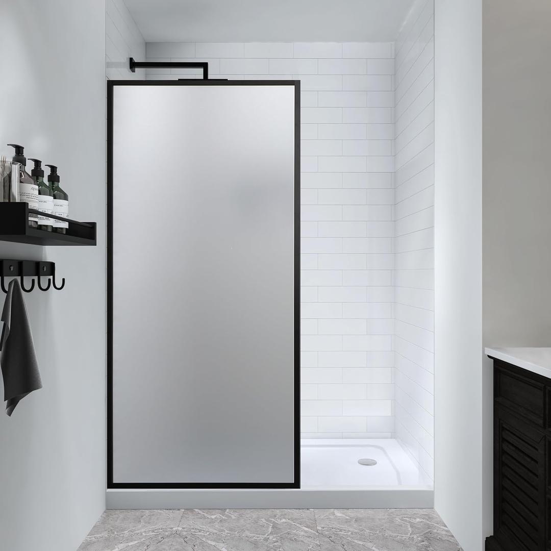 Frosted 34" W x 72" H Fixed Framed Shower Door Shower Screen Panel in Matte Black Finish with 5/16" (8mm) SGCC Tempered Glass, Reversible Installation