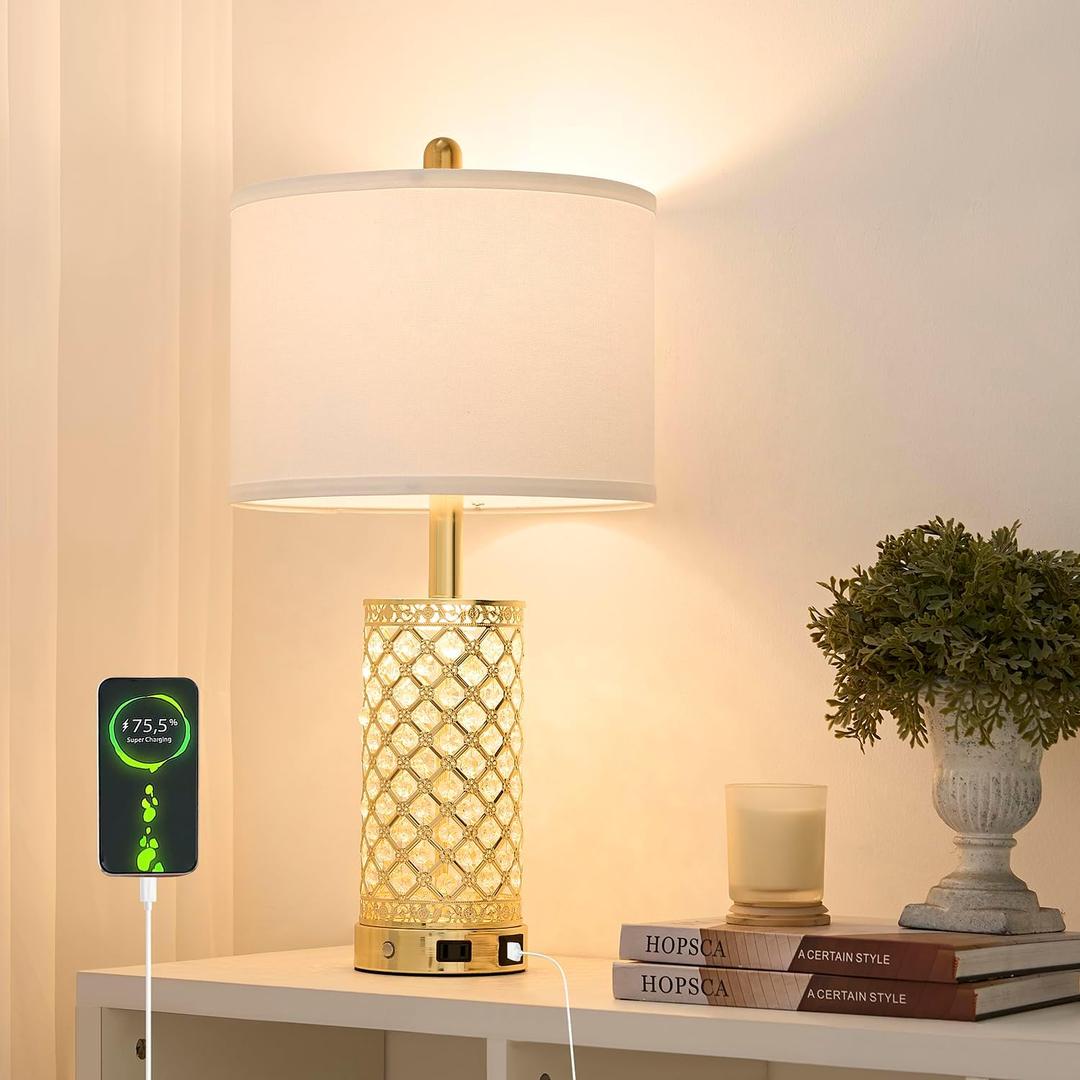 Modern Crystal Table Lamp - 24" Gold Bedroom Lamps 3-Way Dimmable Touch Lamp with Night Light, 2 USB Ports + AC Outlet Bedside Night Stand Lamp for Living Room Office (Gold- 1 Pack)