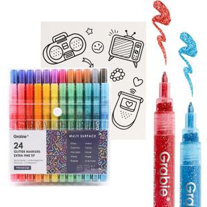 24 Colors Glitter Markers Pen, Glitter Metallic Shimmer Marker Extra-Fine Tip Glitter Acrylic Paint Markers, Quick-Drying Water-based Ink Glitter Pens for Adults, DIY Crafts Making