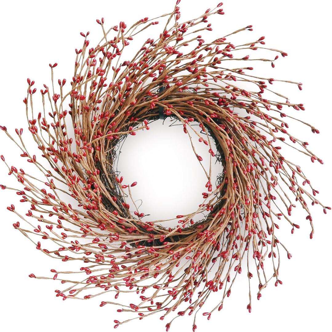 Spring Front Door Wreath  18 Inch Artificial Twig Wreath with Red & Burgundy Berries, Eucalyptus Leaves, Grapevine for Farmhouse Window Hanging Christmas Decor