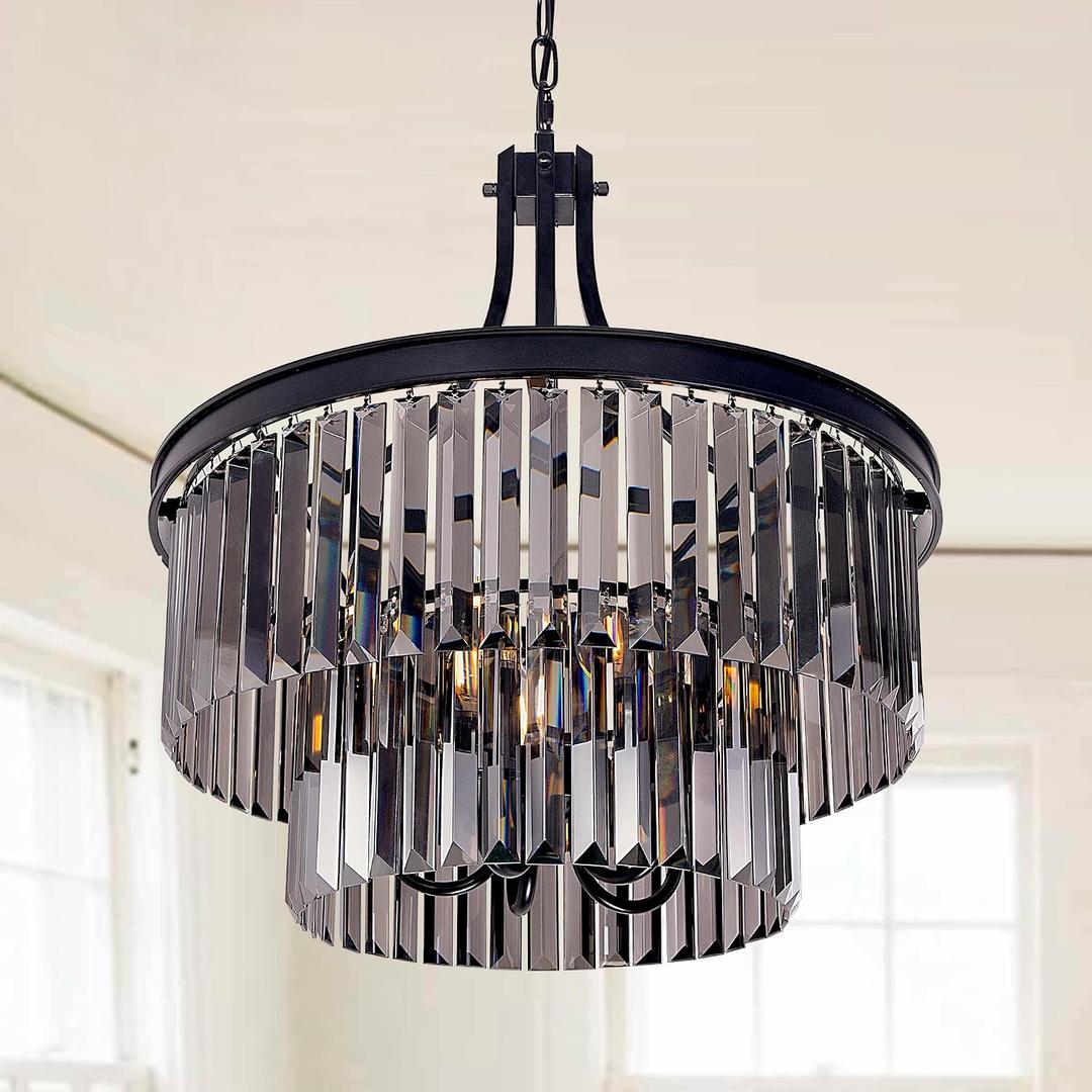 Wellmet Black Crystal Chandeliers, 5 Light Farmhouse Chandeliers for Dining Room, Hanging Light Fixture with Grey Crystal, 2 Tiers Ceiling Lights for Living Room, Kitchen, Bedroom, Entryway, 19.68''D