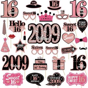 16th Birthday Decorations for Girls, Black Rose Gold Sweet 16 Photo Booth Props Sweet 16 Party Decorations Selfie Props Vintage 2009 Sixteen Centerpiece Sticks Happy 16th Birthday Party Supplies Sign