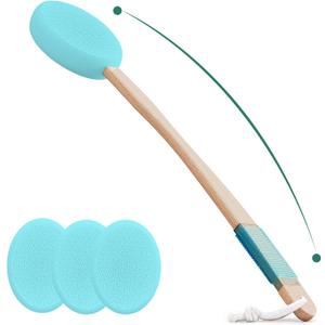 Lotion Applicator With 4 Replaceable Pads for Back, Self, Elderly, Women - Sunscreen and Cream Applicator With 17" Curved Handle for Easy Targeting of Back and Feet, Blue