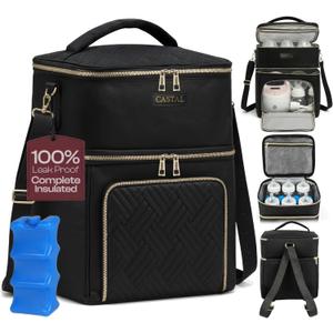 Castal Breast Pump Bag Spectra S1 S2Insulated Spectra Pump Bag, Breastmilk Cooler Bag with Ice PackLeak-Proof Double Layer Breast Pump Travel Bag Holds 6 Milk Bottles with Elastic StrapBlack