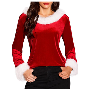 ADORPOP Christmas Tops for Women - Xmas V Neck Fur Trim Sweaters Casual Loose Sweatshirts Velvet Long Sleeve Pullover Red, Size Small