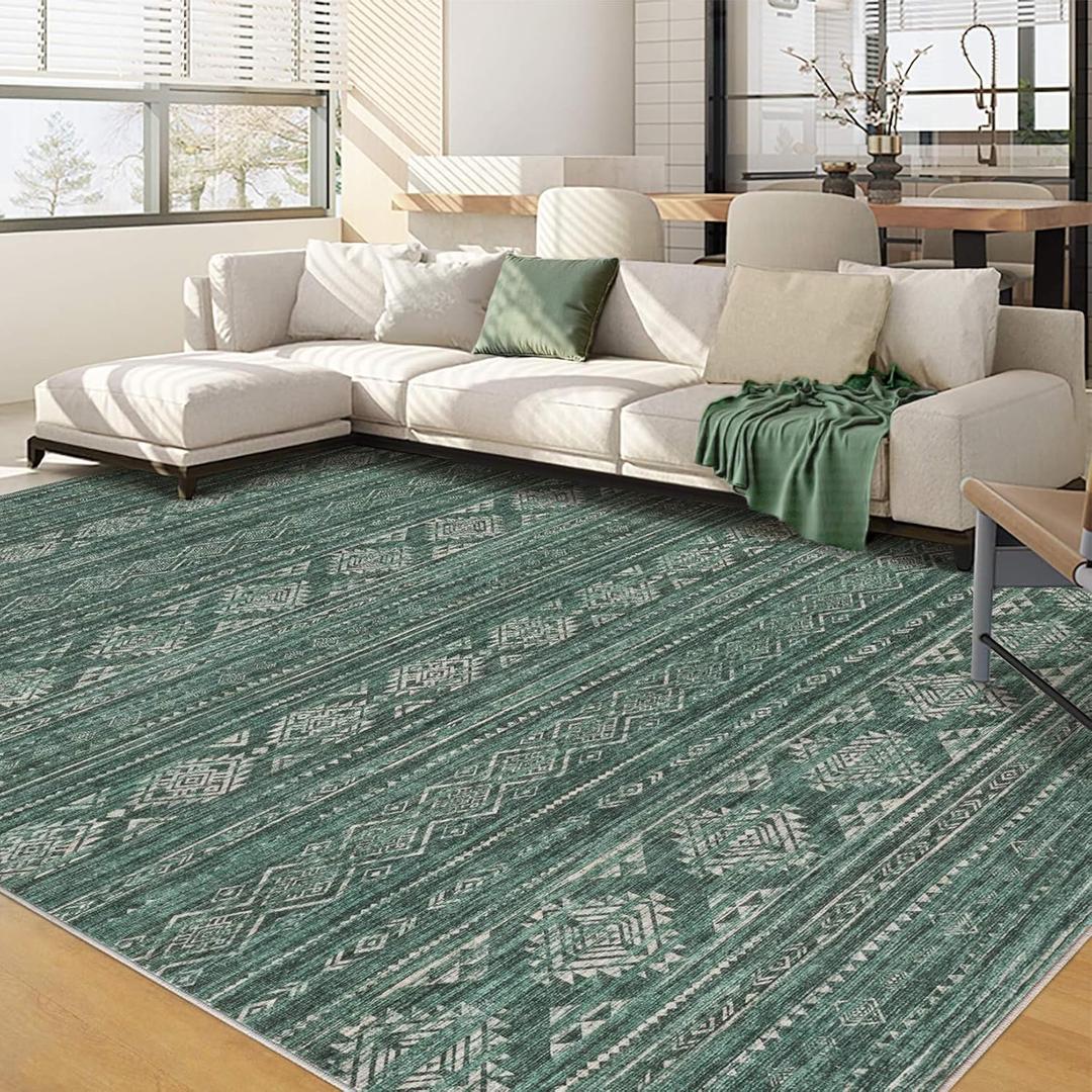 Nakagishi Green Rug Area Rugs 5x7: Washable Boho Large Neutral Modern Soft Farmhouse Rug Stain Resistant Indoor Floor Non-Slip Carpet for Women Home Enthusiasts Aged 25-45 - Bedroom Room Decor