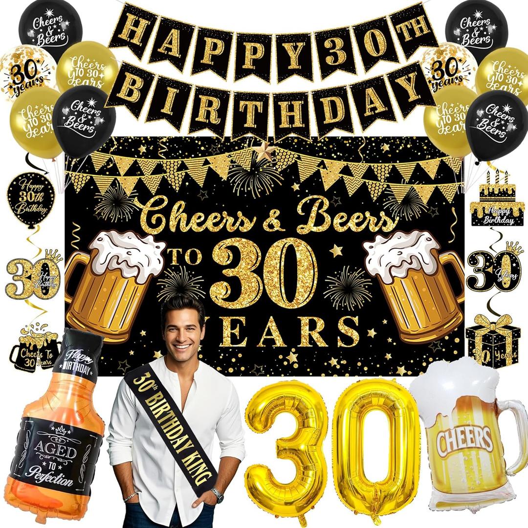 Vlipoeasn 30th Birthday Decorations for Him, Cheers and Beers to 30 Years Decorations for Men, Happy 30th Birthday Decor Kit with Backdrop Banner, King Sash