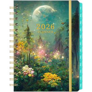 2026 Planner - 2026 Planner Weekly and Monthly with Tabs, Jan 2026 - Dec 2026, 6.4" x 8.5", 2026 Calendar Planner, Twin-wire Binding, Premium Paper, Hardcover, Back Pocket for Women & Men (Green Dreaming Moonlight)