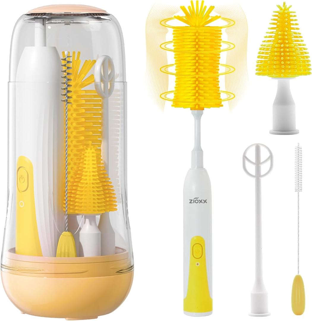 Electric Bottle Brush Cleaner, Portable Electric Baby Bottle Brush Cleaner for Travel, Rechargable Travel Bottle Cleaner Kit with Nipple & Straw Brush, Perfect Mom Essentials After Birth Gift, Yellow (Round Model for Home Use)