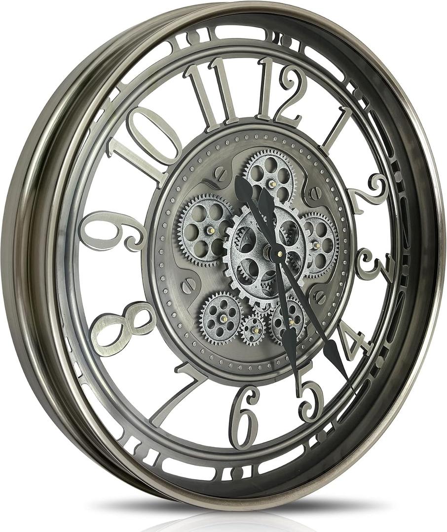 Real Moving Gears Wall Clock Large Modern Metal Clocks for Living Room Decor, Industrial Steampunk Unique Vintage Rustic Decorative Clock for Home Farmhouse Office, 21 Inch,Gunmetal Arabic